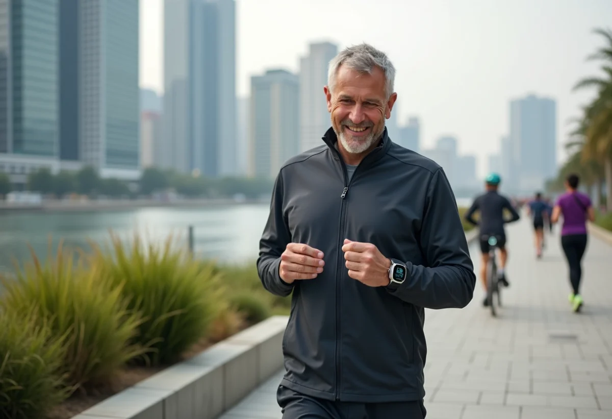 Homme d'âge moyen vérifiant son compteur de pas en promenade urbaine