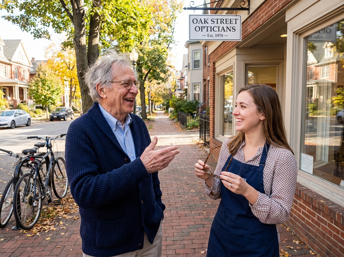 Homme âgé discutant avec une opticienne devant une boutique