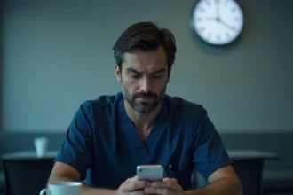 Infirmier de nuit consultant un calculateur de durée de sommeil sur smartphone en salle de pause hospitalière
