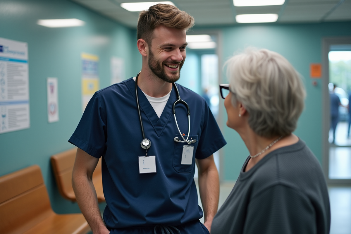 Infirmier souriant aidant une patiente à la reception