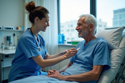 Infirmière souriante administrant un médicament à un patient âgé
