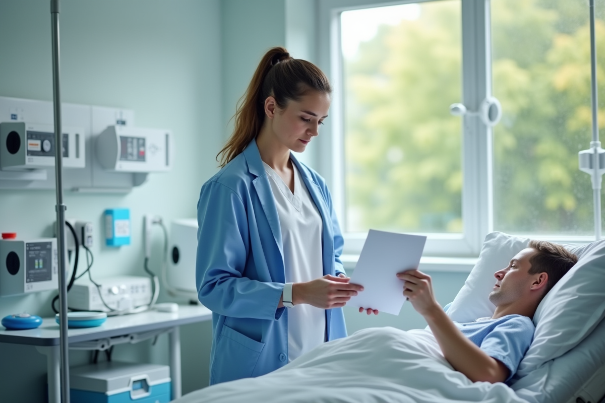Infirmière en blouse blanche vérifiant un dossier à l'hôpital