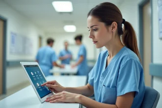 Infirmière utilisant une tablette avec l'application C.netsoins dans un couloir d'hôpital