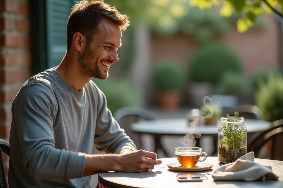 Jeune homme surveillant une infusion de thym en extérieur
