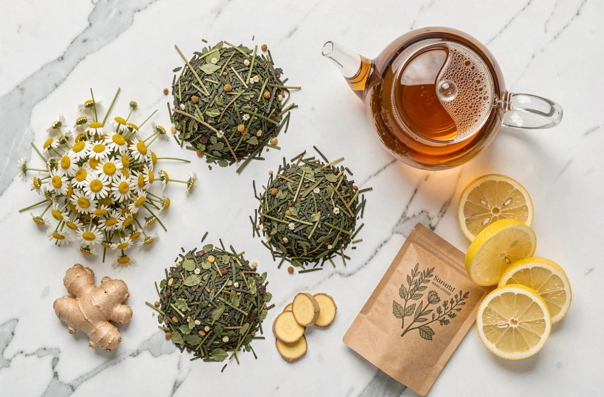 Ingrédients naturels du thé détox lulutox disposés en flat-lay sur marbre blanc
