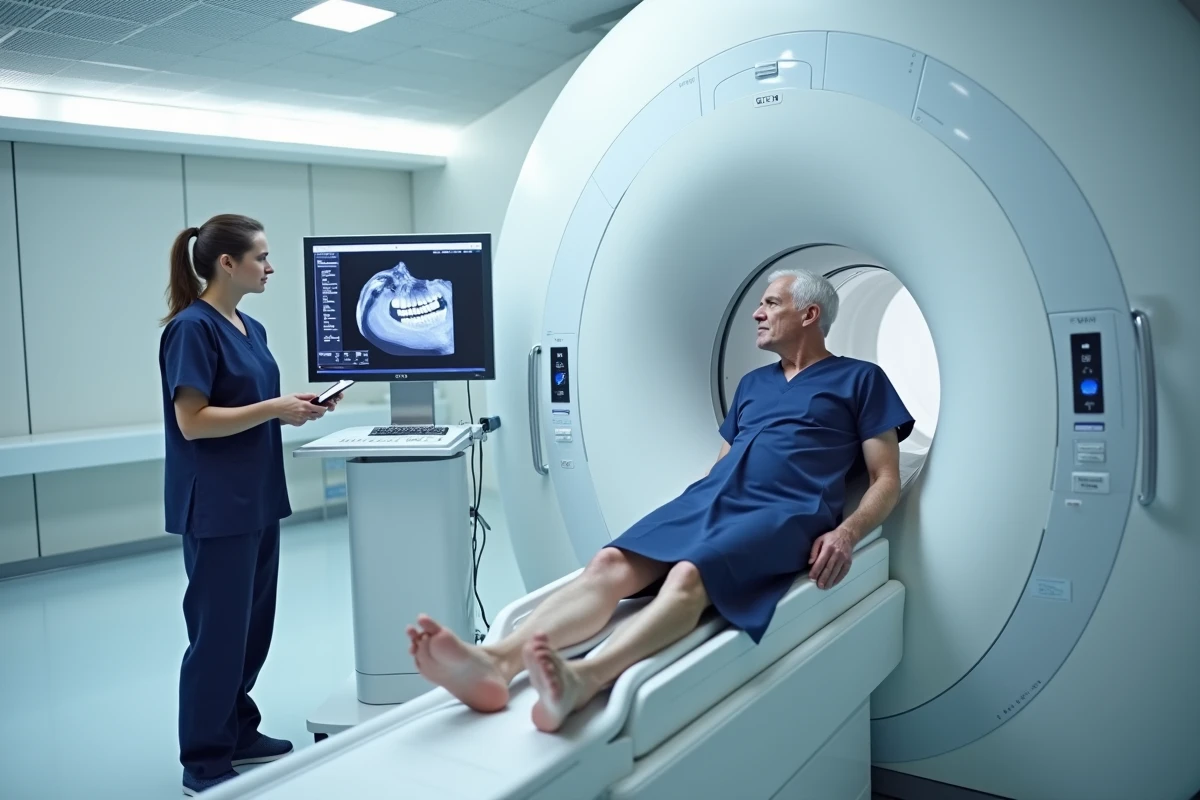 Patient passant une IRM de la mâchoire pour le diagnostic d'un cancer maxillo-facial en milieu hospitalier