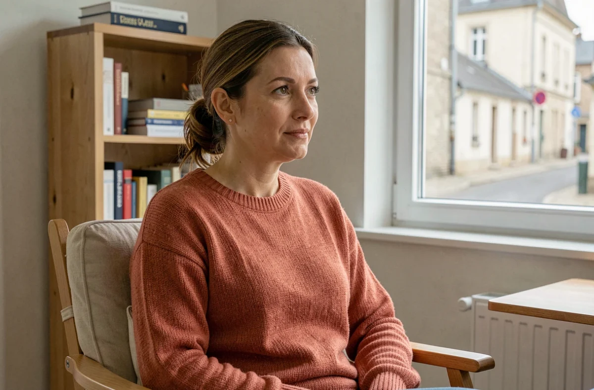 Jessica Tregaro, psychologue humaniste à Challans, assise en posture d'écoute attentive dans son cabinet chaleureux
