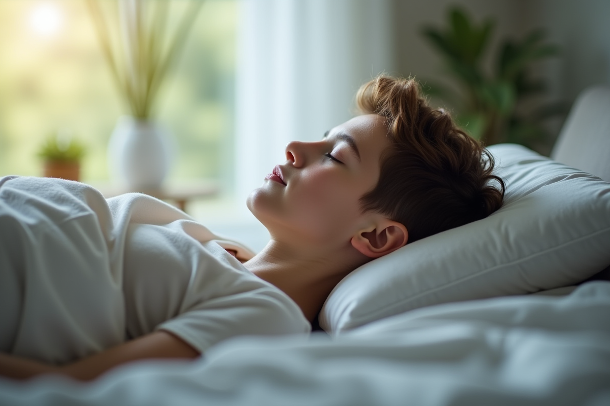 Jeune adulte dormant paisiblement sur le dos avec un oreiller