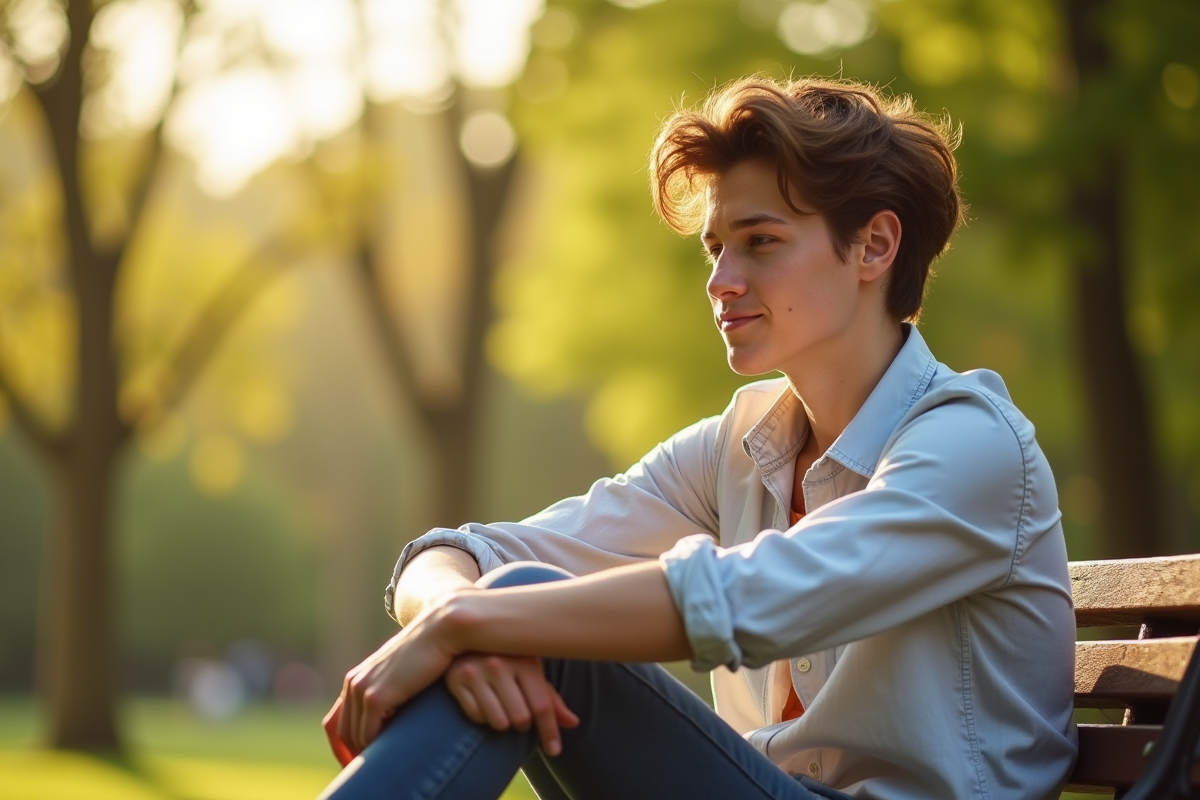 Jeune adulte assis sur un banc en plein soleil avec eczema visible