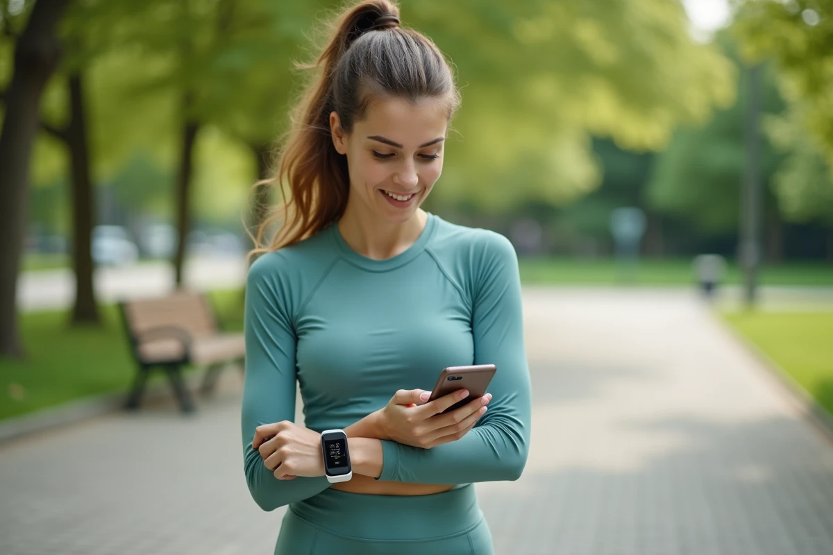 Jeune femme active vérifiant son application de gestion du diabète en plein air avec capteur de glycémie