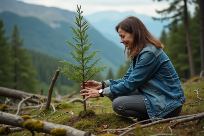 Femme en jean plantant un jeune arbre en forêt