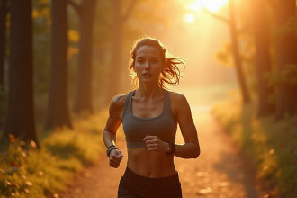 Jeune femme en course dans la forêt au matin