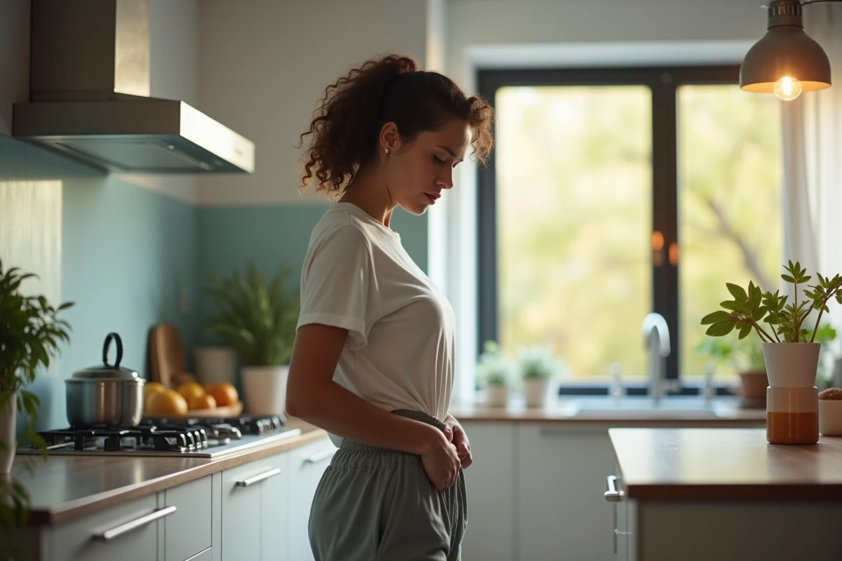 Jeune femme dans la cuisine en train de se faire mal au côté
