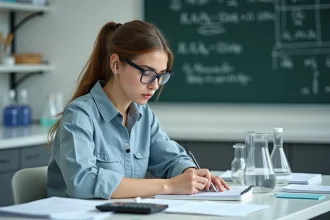 Jeune femme en laboratoire concentrée sur un calcul de concentration