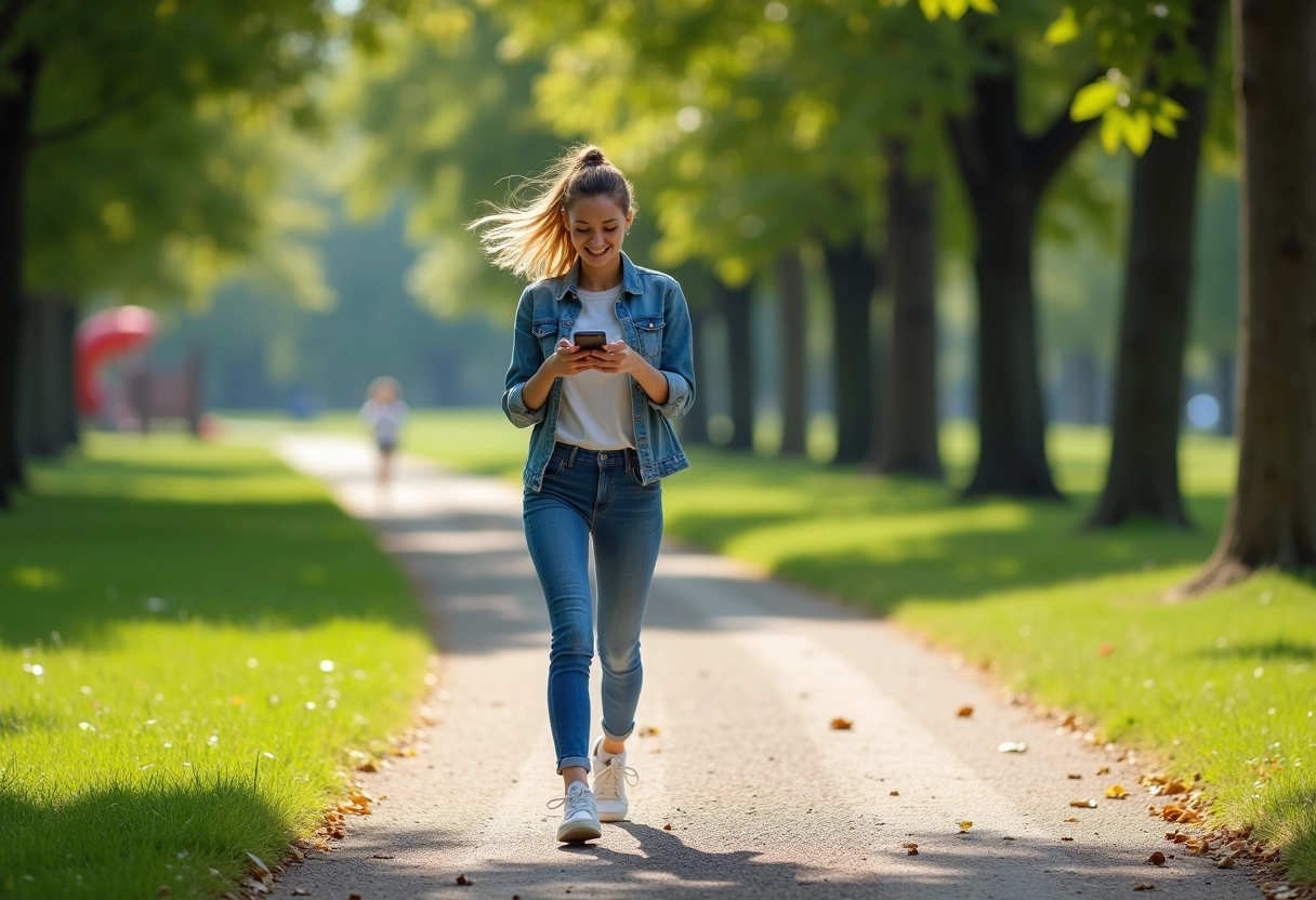 Jeune femme comptant ses pas dans un parc ensoleille
