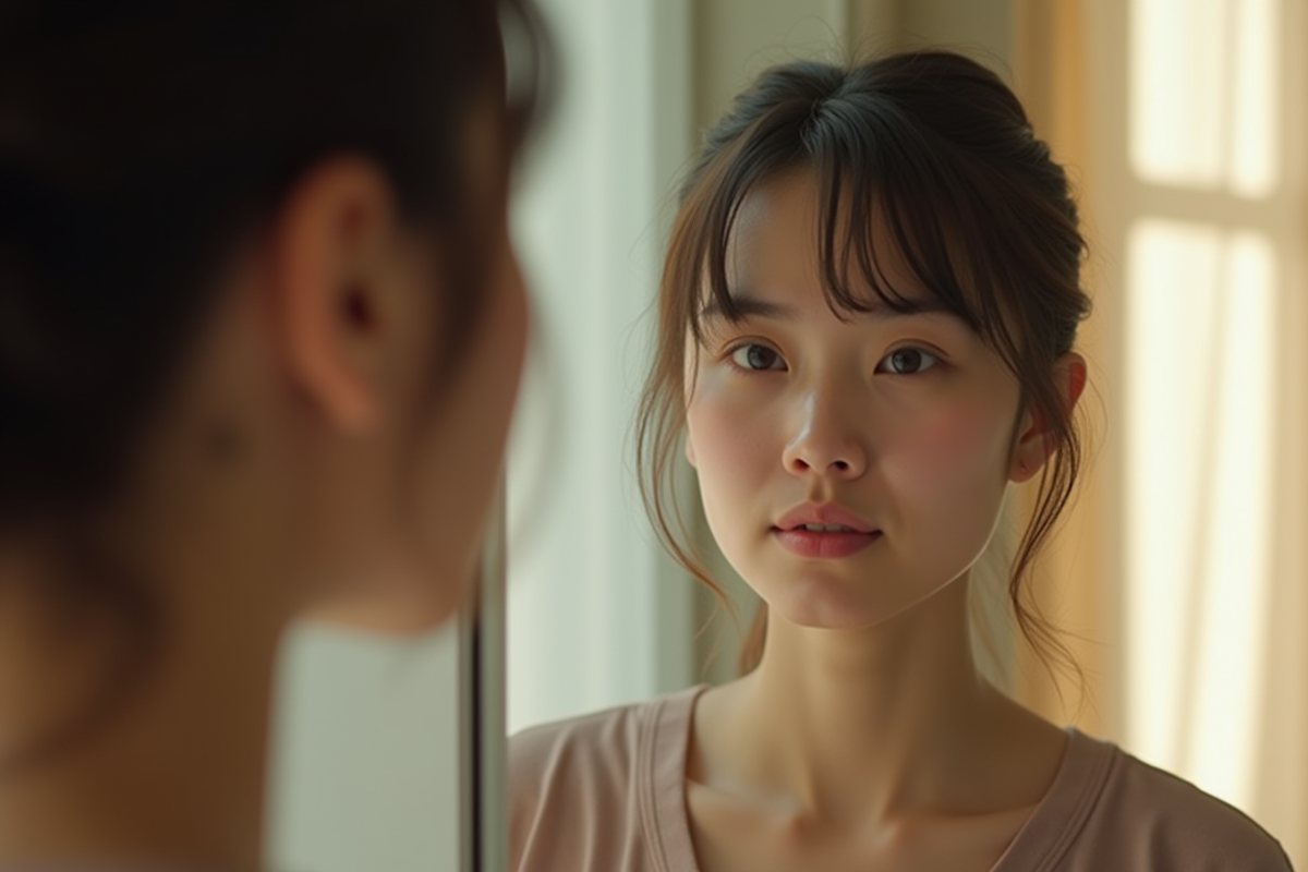 Jeune femme regardant son reflet dans le miroir avec incertitude
