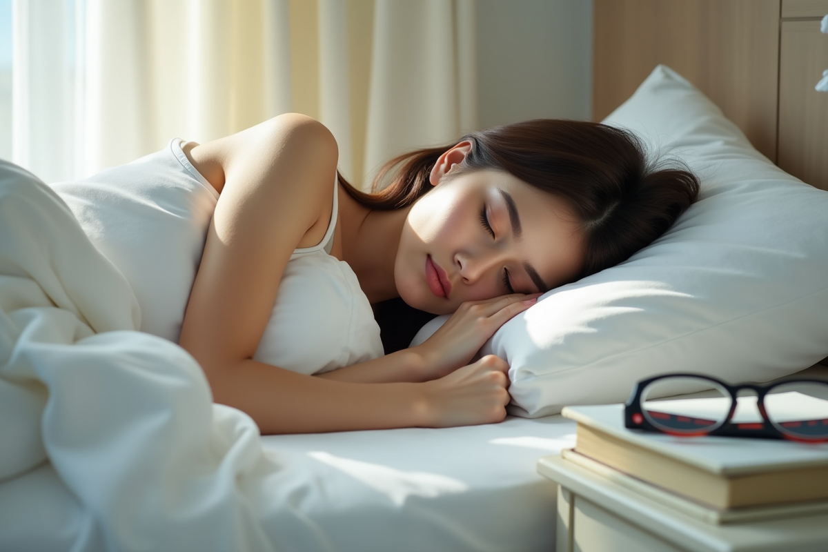 Jeune femme dormant paisiblement sur linge blanc avec journal
