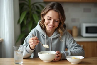 Jeune femme mangeant un yogourt dans la cuisine