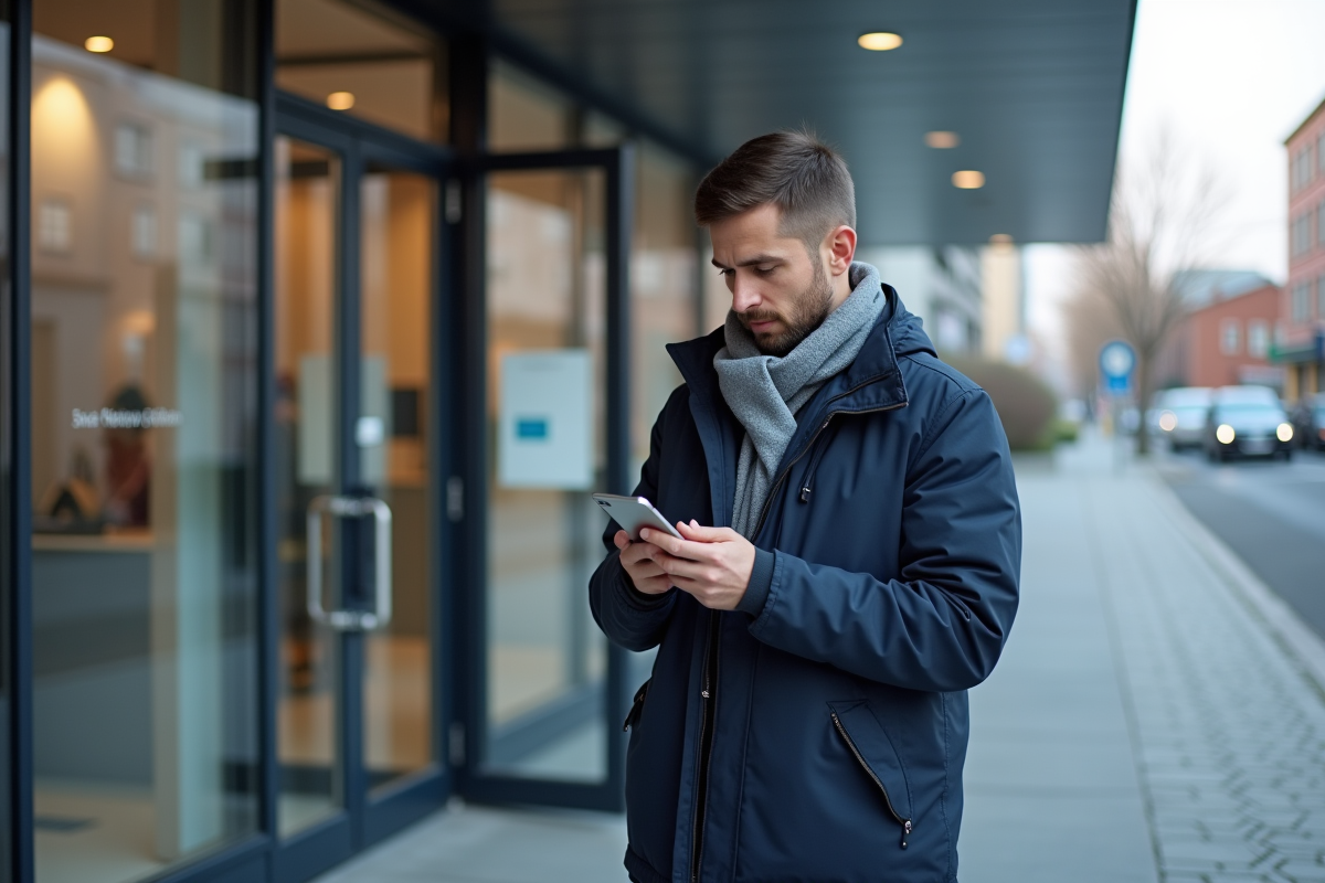 Jeune homme vérifiant son smartphone devant une clinique moderne