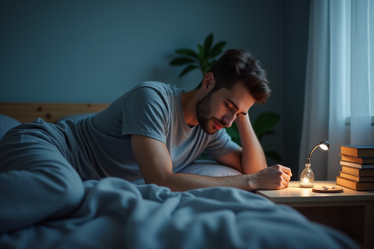 Jeune homme posant une pierre de lune sur la table de nuit