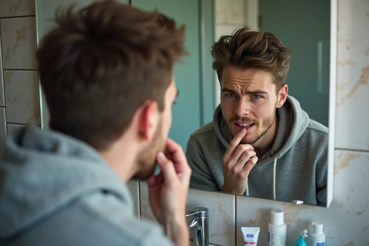 Jeune homme inspectant une aphte dans son miroir de salle de bain