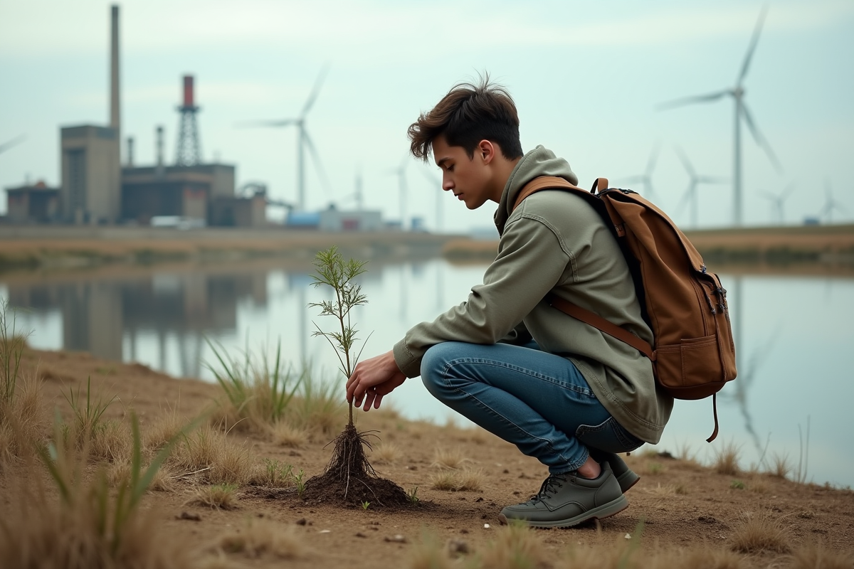 Jeune homme examinant des racines près d’un lac pollué