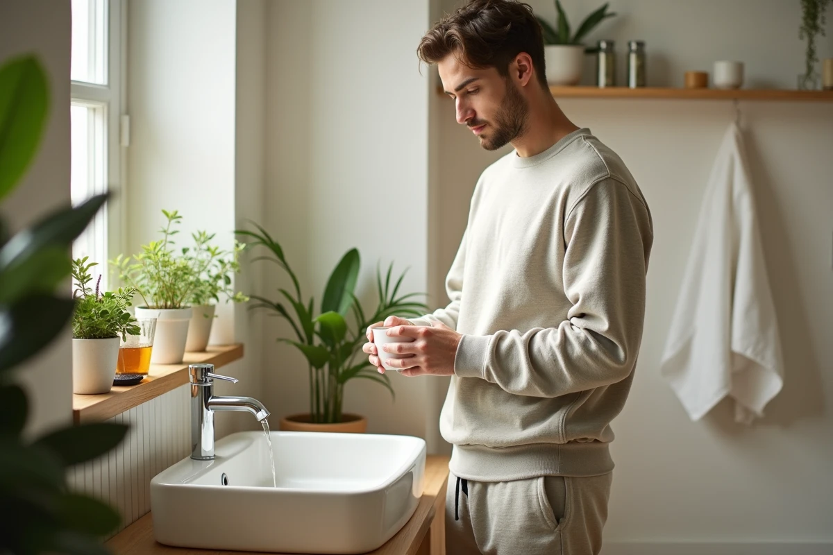Jeune homme pr&eacute;parant une infusion dans une salle de bain lumineuse