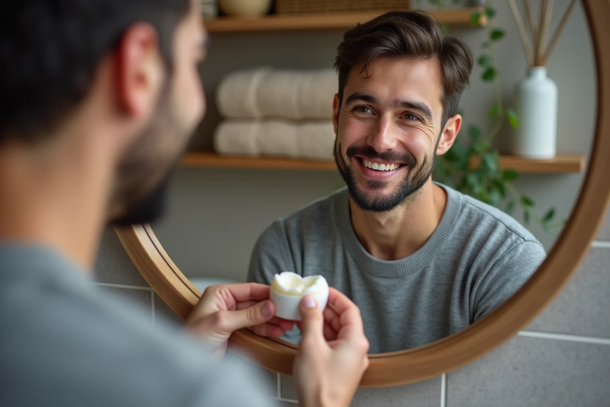 Jeune homme examinant son reflet avec une reconstruction dentaire en céramique