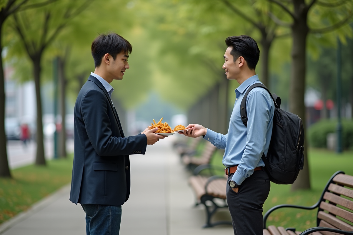 Jeune homme refusant nourriture de rue en plein air