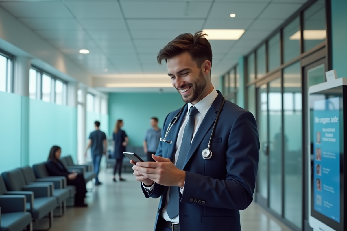Jeune professionnel de santé souriant avec smartphone dans espace d