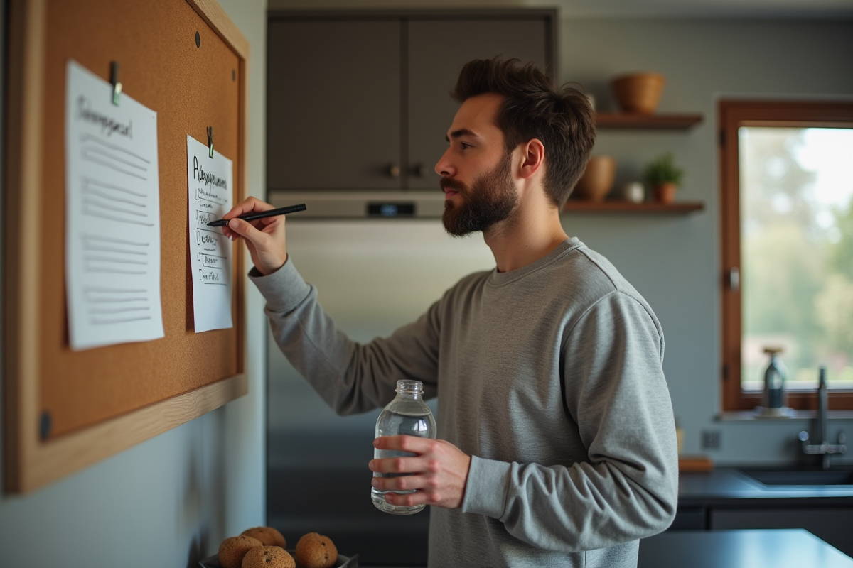 Jeune homme vérifie sa liste de coucher dans la cuisine moderne