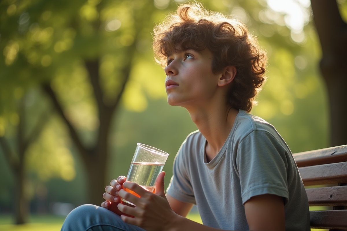 Jeune adulte seul sur un banc dans un parc avec une bouteille d