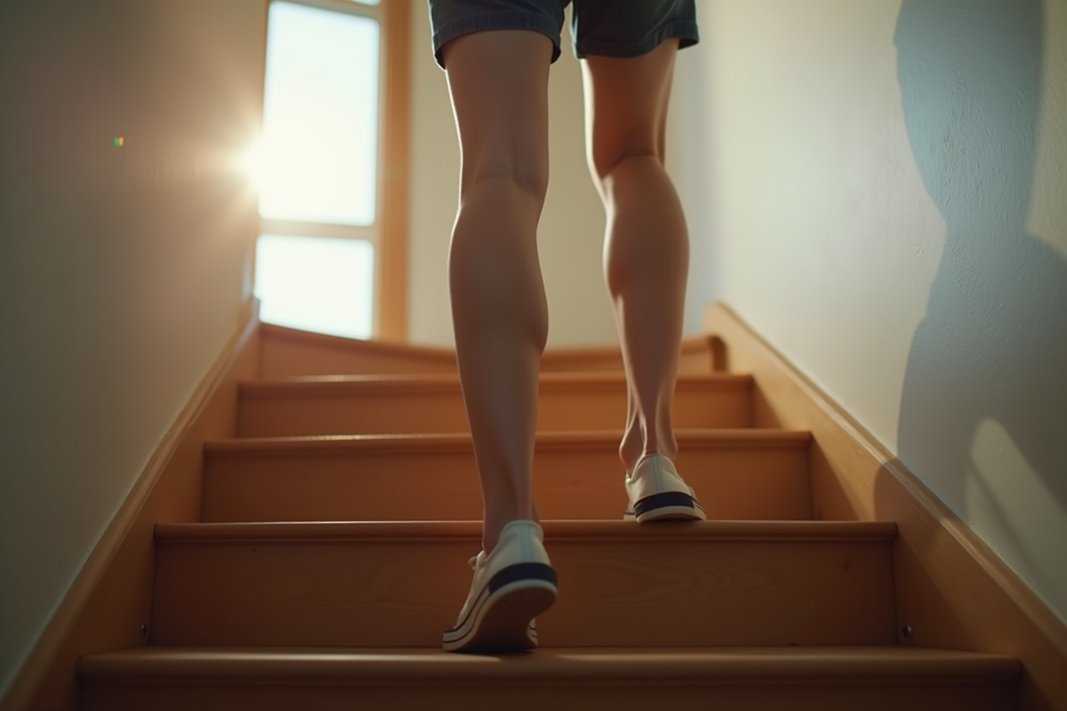 Jeune adulte montant des escaliers avec faiblesse visible