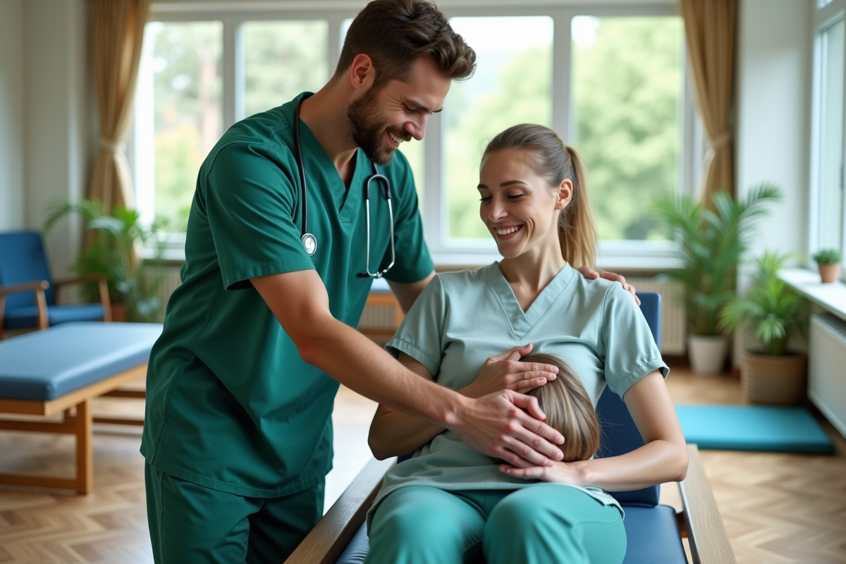 Kinésithérapeute aidant une jeune femme en rééducation