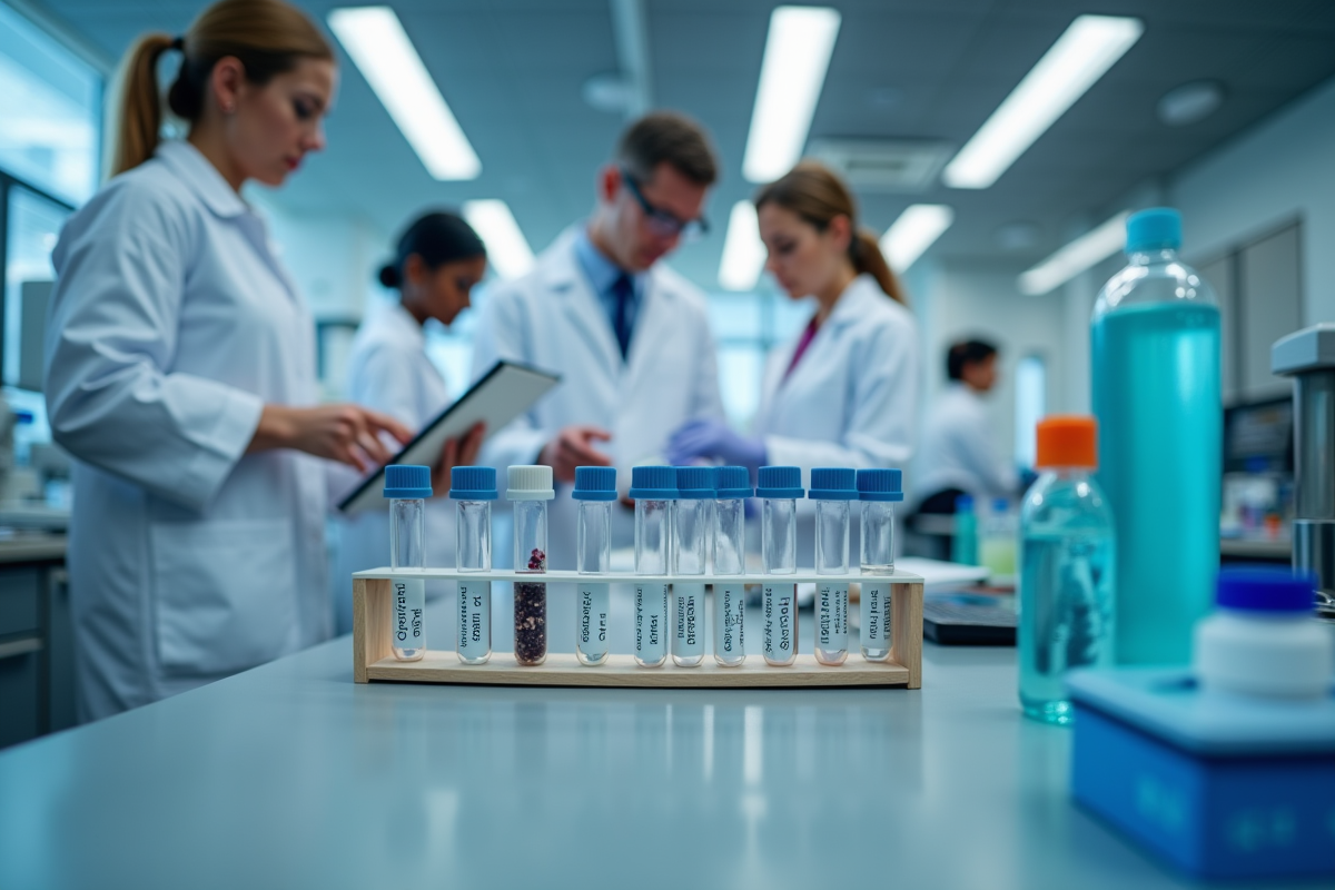 Laboratoire médical avec chercheurs examinant des échantillons