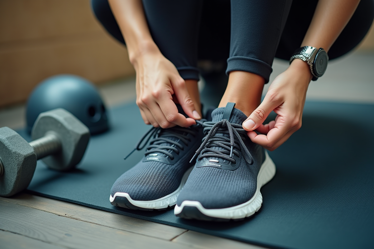 Mains attachant les lacets de chaussures de course avec tapis yoga et casque à proximité