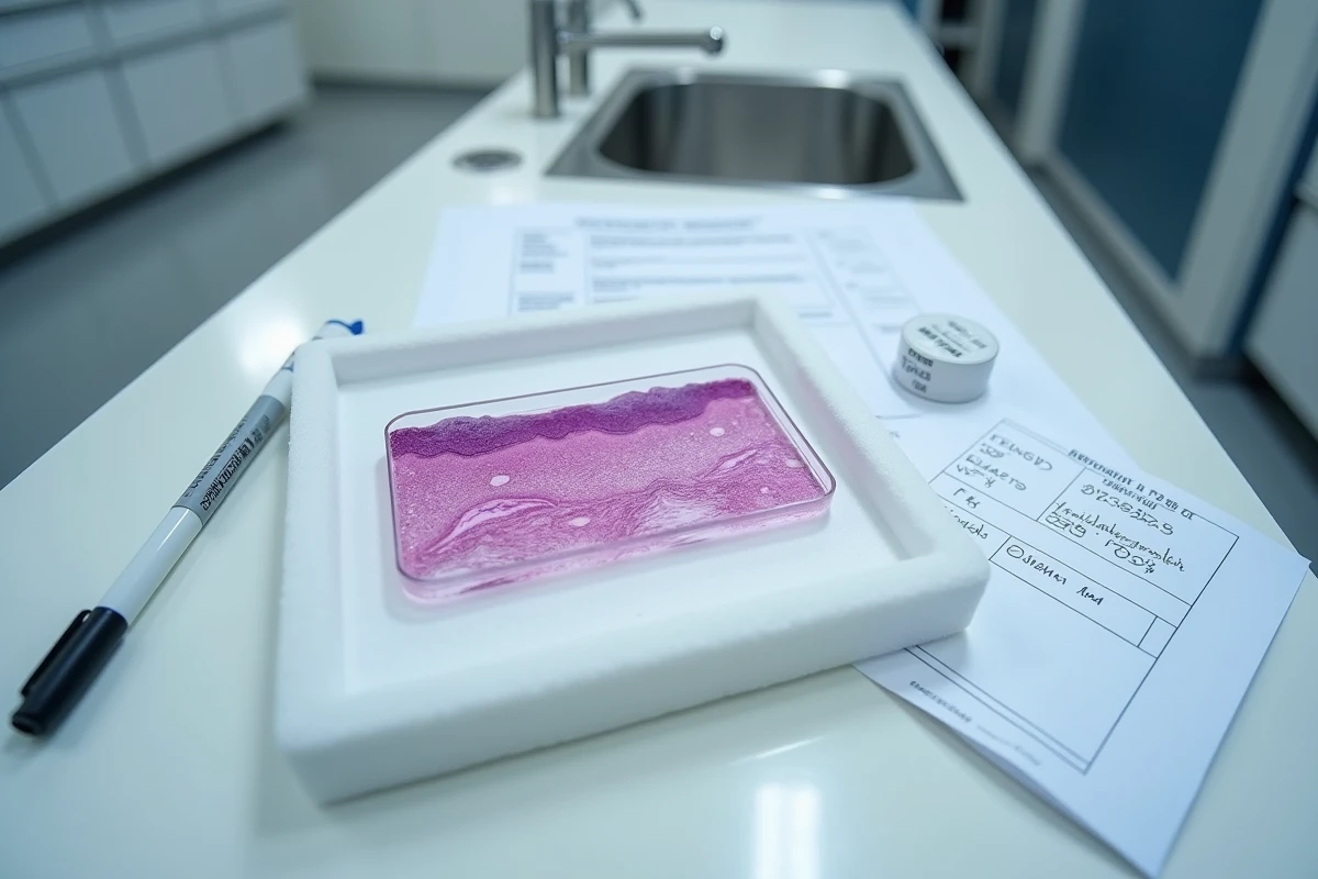 Lame histologique de biopsie de peau colorée à l'hématoxyline-éosine posée sur un plateau de laboratoire de dermatopathologie