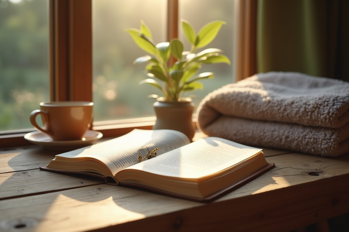 Livre ouvert avec notes tisane et couverture sur table ensoleillee