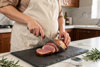 Magret de canard tranché avec une cuisson rosée sur une planche en ardoise, préparé par une femme enceinte dans une cuisine moderne