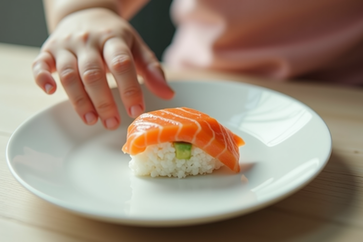 Main de bébé atteignant un sushi sur une assiette blanche
