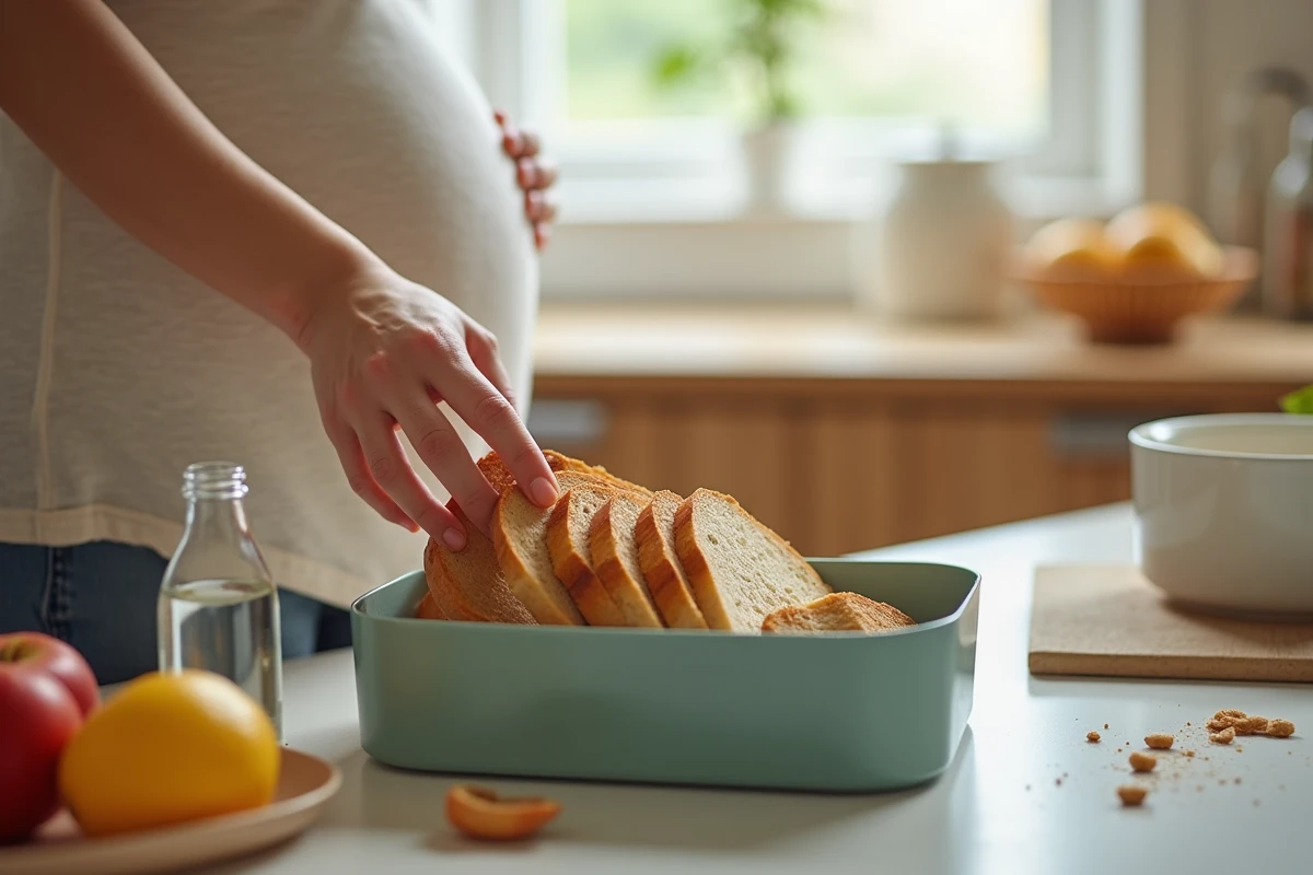 Main de femme enceinte place des tranches de pain dans une lunchbox