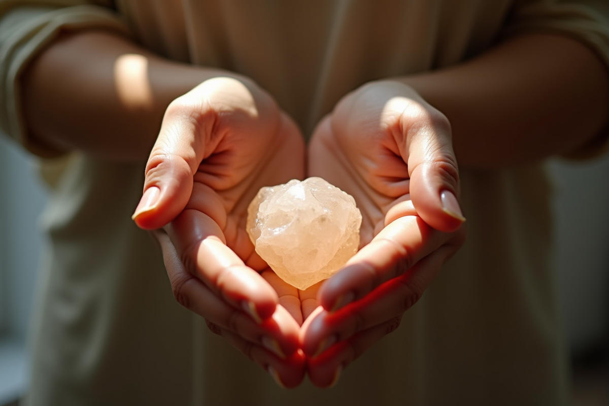Mains touchant un cristal sur le chakra du cœur