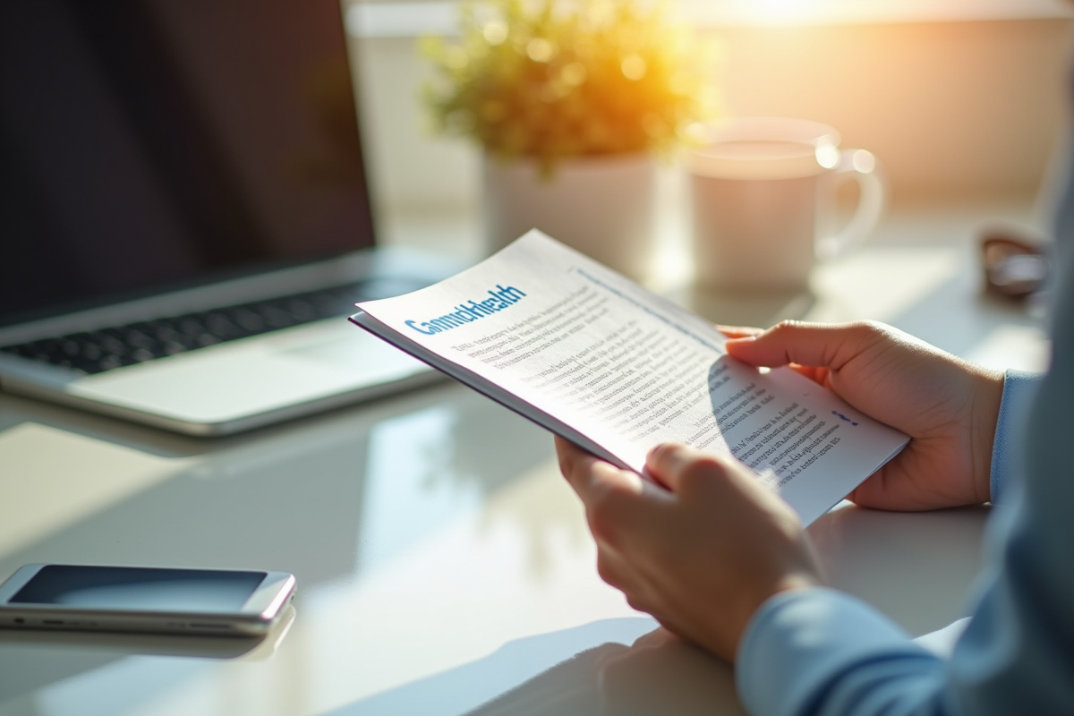 Mains tenant une brochure santé sur un bureau lumineux