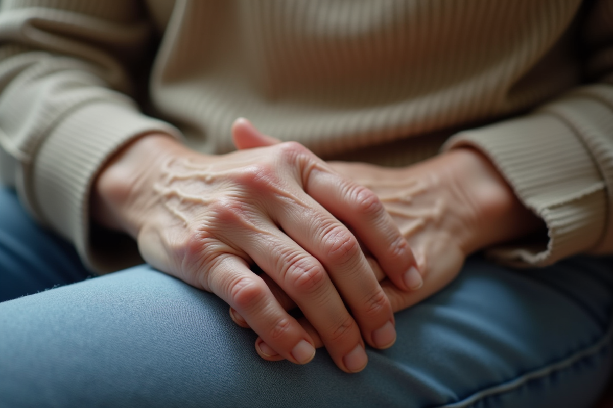 Mains d'une femme agee reposant sur ses genoux