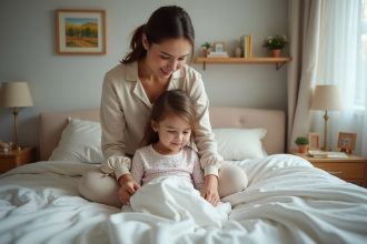 Jeune maman pr&eacute;pare sa fille pour le coucher dans une chambre chaleureuse