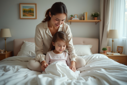Jeune maman prépare sa fille pour le coucher dans une chambre chaleureuse