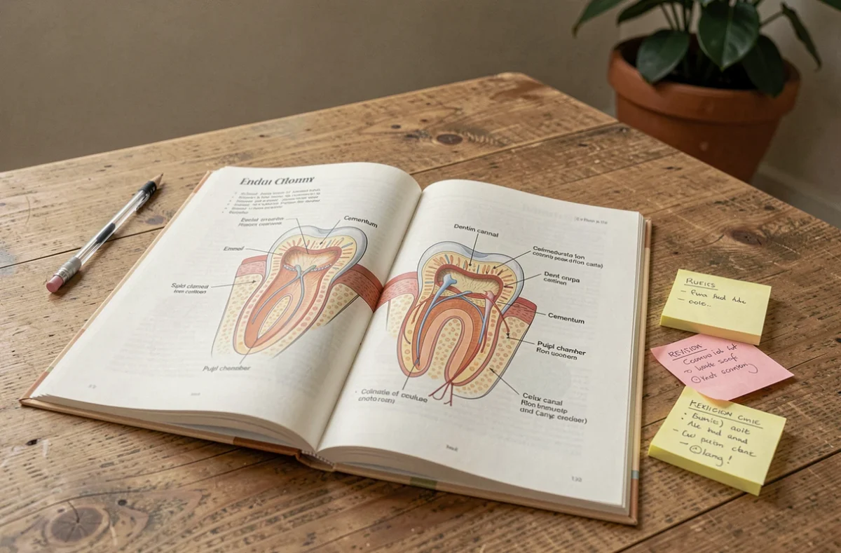 Manuel d'anatomie dentaire ouvert sur un schéma complet de la dent avec annotations et notes de révision manuscrites