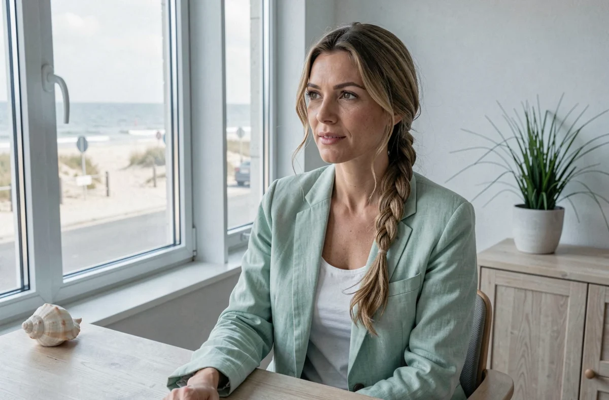 Marine Bossard, psychologue aux Sables-d'Olonne, dans son cabinet au décor côtier apaisant avec vue sur la rue balnéaire