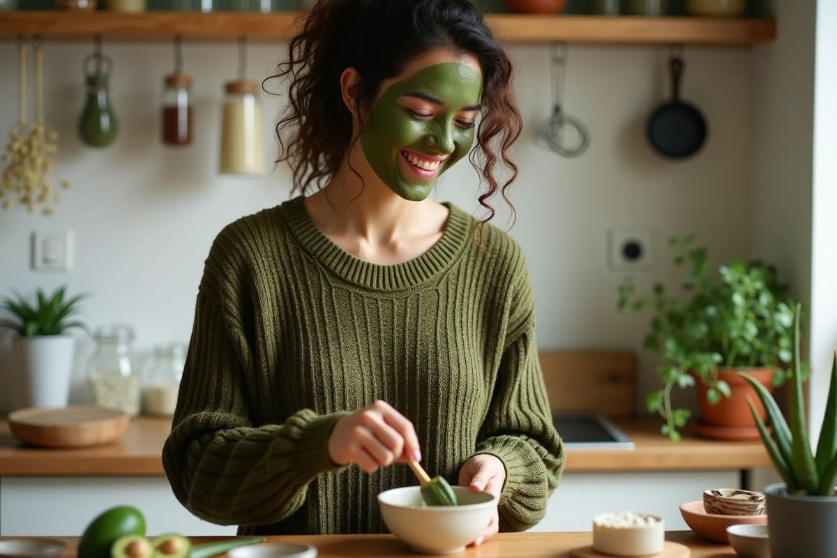 Jeune femme préparant un masque visage maison à base d'ingrédients naturels verts dans une cuisine décorée de plantes et de bocaux de plantes séchées