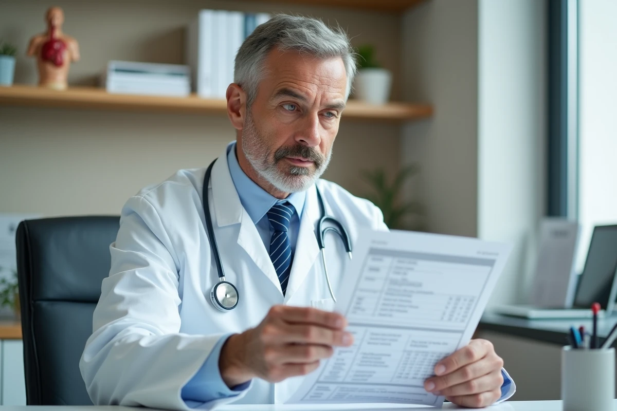 Médecin consultant un bilan sanguin montrant un taux de potassium bas dans un cabinet médical